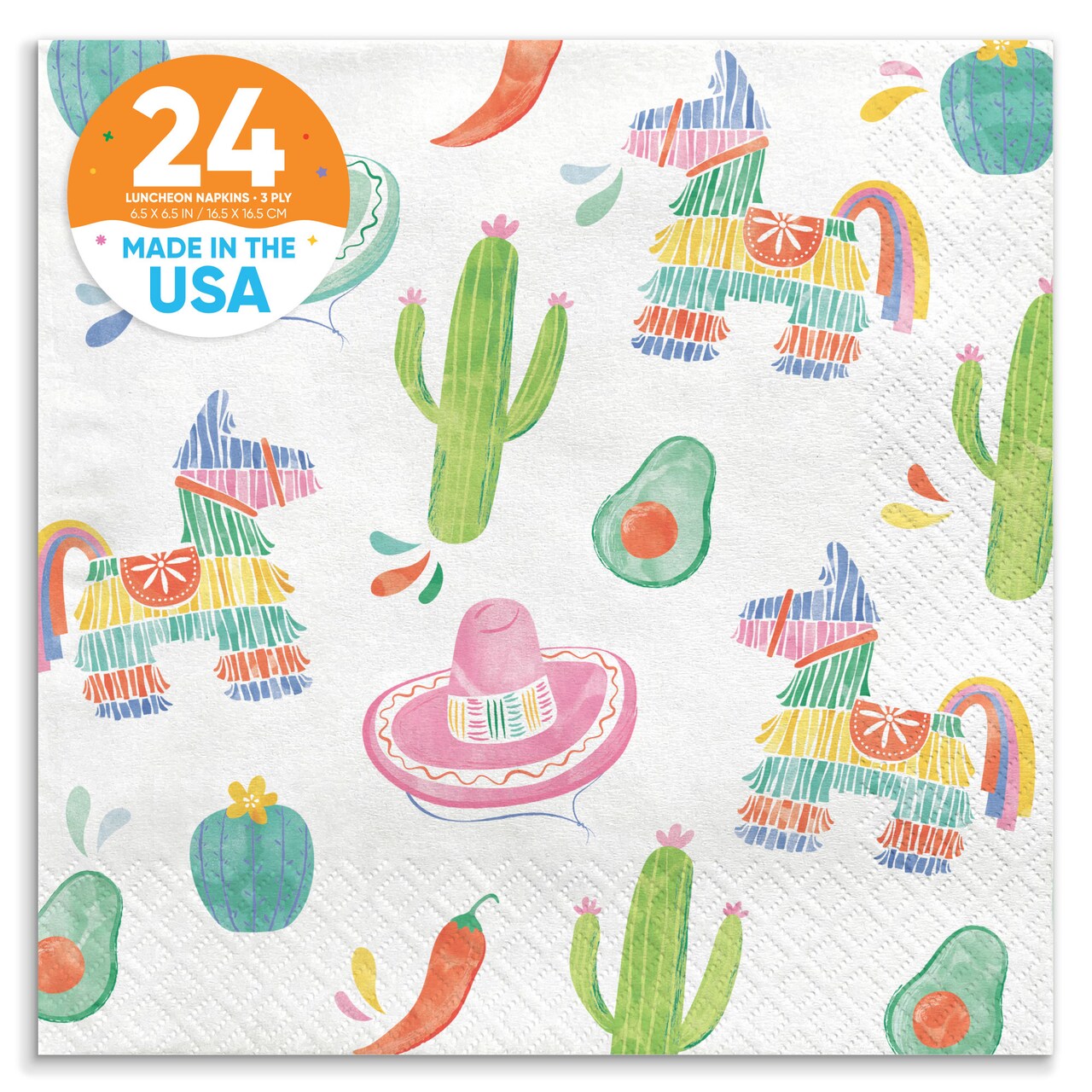 Big Dot of Happiness Fiesta Napkins, Mexican Themed White 3-Ply Paper Luncheon Dinner Napkins, Pinatas, Sombreros, Cactus, Avocados, Peppers - 24 Ct
